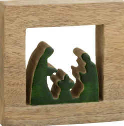 J-Line Kerststallen> Kribbe Vierkant Hout Groen/Naturel Small