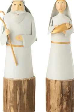 J-Line Kerststallen> Maria En Jozef Op Voet Ijzer/Hout Wit/Goud Assortiment Van 2