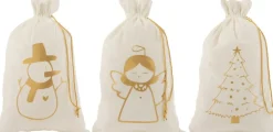 J-Line Kerstsokken> Zak Kerst Engel/Kerstboom/Sneeuwman Velvet Wit/Goud Large Assortiment Van 3