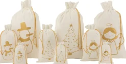 J-Line Kerstsokken> Zak Kerst Engel/Kerstboom/Sneeuwman Velvet Wit/Goud Large Assortiment Van 3