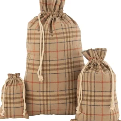 J-Line Kerstsokken> Zak Kerst Ruit Textiel Beige/Bruin Large