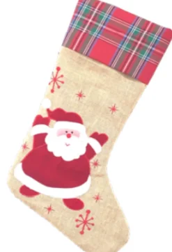 Merkloos Kerstsokken>Jute Kerstsok - Kerstman - Ruiten - Kerstversiering - Decoratie - Interieur