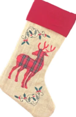 Merkloos Kerstsokken>Jute Kerstsok - Rendier - Ruiten - Rood - Kerstversiering - Decoratie - Interieur