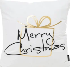 Gek op Kussens! Kerstkussens>Kerst 'Christmas Gift' Kussenhoes | Katoen/Polyester | 45 X 45 Cm | Wit / Goud