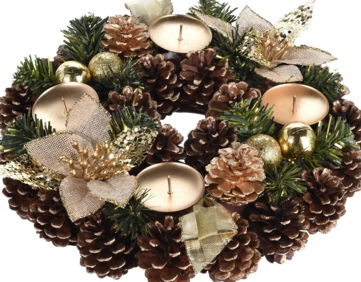 Bellatio Decorations Kerststukjes>Kerst Tafelstuk/Tafeldecoratie Kerststukje Krans Met Kaarsenhouder 28 Cm - Kerstversiering/Kerstdecoratie