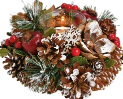 G. Wurm Kerststukjes>Kerst Thema Kaarsenhouder Ornament Bruin/Rood Van Hout 18 Cm - Kaarsjes Branden Tafel Decoratie