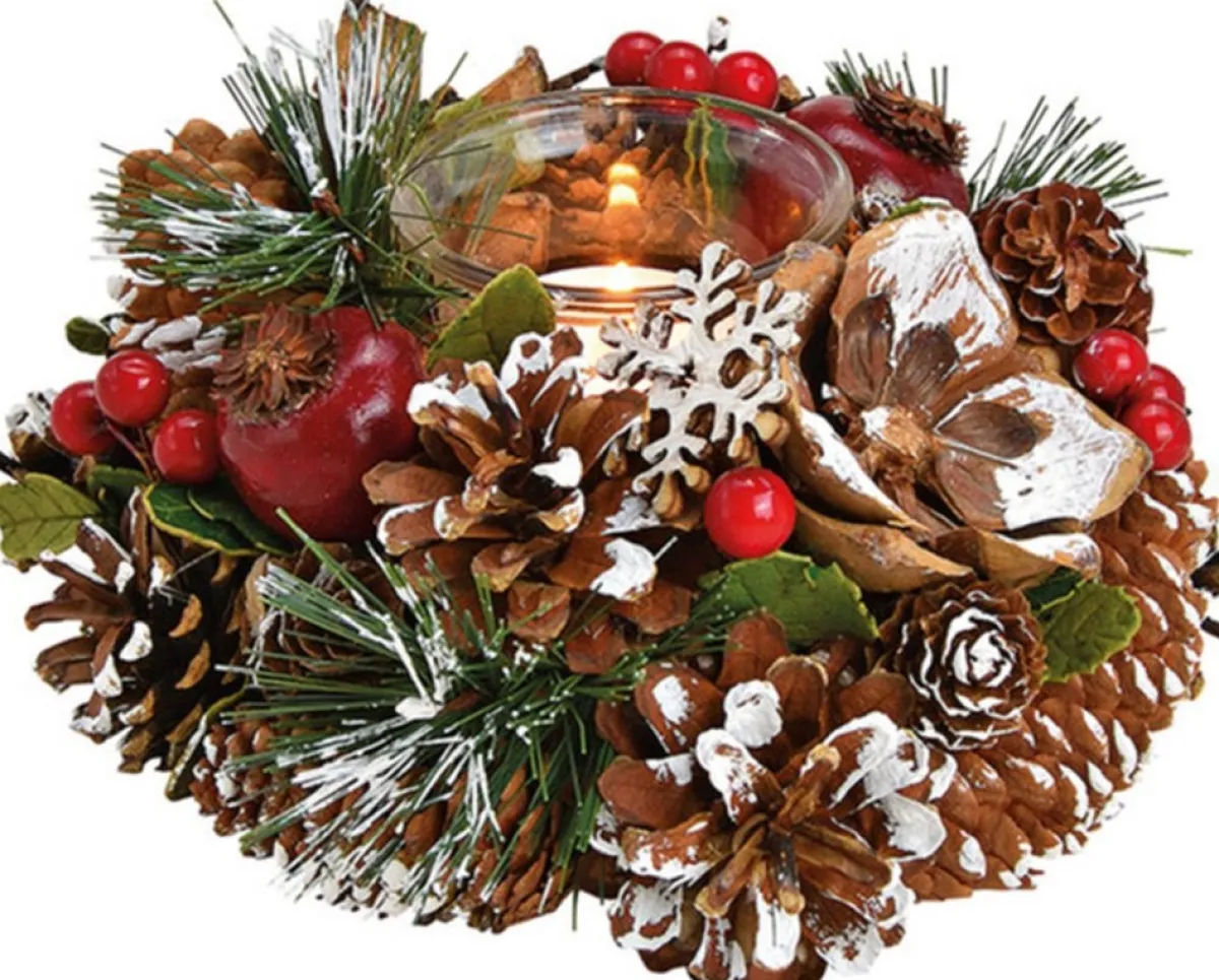G. Wurm Kerststukjes>Kerst Thema Kaarsenhouder Ornament Bruin/Rood Van Hout 18 Cm - Kaarsjes Branden Tafel Decoratie