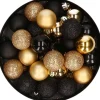 Merkloos Kerstboomversieringen>Kerstballen - 28 Stuks - Goud En Zwart - Mix - Glitter - Mat - Glans - 3 Cm - Kunststof