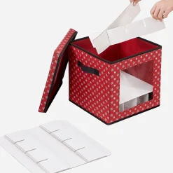 Songmics Kerstballen Opbergbox Met Transparante Voorkant, Opbergdoos Met Deksel, Vouwdoos Voor Kerstmis, Stoffen Opbergbox Met Ruimte Voor 64 Kerstballen Of Andere Ornamenten, 30,5 X 30,5 X 30,5 Cm, Met Sneeuwvlokken Design, Rood Sale