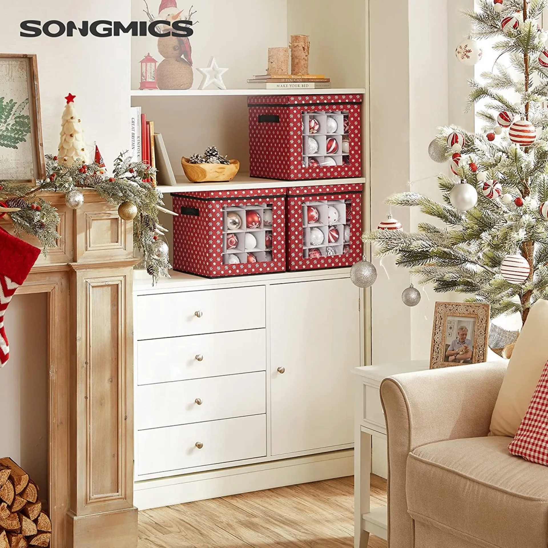 Songmics Kerstballen Opbergbox Met Transparante Voorkant, Opbergdoos Met Deksel, Vouwdoos Voor Kerstmis, Stoffen Opbergbox Met Ruimte Voor 64 Kerstballen Of Andere Ornamenten, 30,5 X 30,5 X 30,5 Cm, Met Sneeuwvlokken Design, Rood Sale
