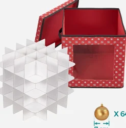 Songmics Kerstballen Opbergbox Met Transparante Voorkant, Opbergdoos Met Deksel, Vouwdoos Voor Kerstmis, Stoffen Opbergbox Met Ruimte Voor 64 Kerstballen Of Andere Ornamenten, 30,5 X 30,5 X 30,5 Cm, Met Sneeuwvlokken Design, Rood Sale