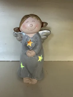 Impuls Kerstbeeldje Zilveren Kerstengel -Met Colourchanging Led - Zilver & Glitters - Sterren - Keramiek - Hoogte 17X10X7 Cm - Kerstdecoratie Clearance