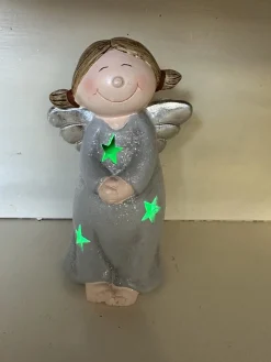 Impuls Kerstbeeldje Zilveren Kerstengel -Met Colourchanging Led - Zilver & Glitters - Sterren - Keramiek - Hoogte 17X10X7 Cm - Kerstdecoratie Clearance