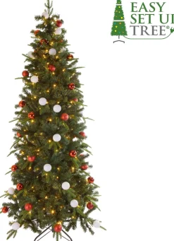 Easy Set up Tree Kerstboom Met Versiering ® Led Avik Red 210 Cm - 310 Lampjes Shop