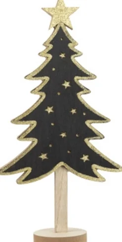 Merkloos Kerstboom Op Voet - Wol - Hout - Zwart - Goud - Groot - Kerstversiering - Tafeldecoratie Outlet