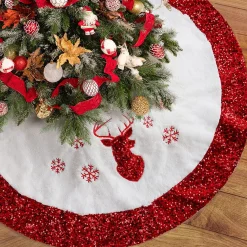 Selwo Kerstboomdeken, Kerstboomdeken, 90 Cm, Kerstboomdeken, Rond, Kunstbont Met Pailletten, Boomdeken, Kerstrok, Onderkleed, Kerstdecoratie, Voor Binnen, Wit/Rood Cheap