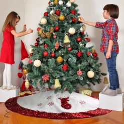 Selwo Kerstboomdeken, Kerstboomdeken, 90 Cm, Kerstboomdeken, Rond, Kunstbont Met Pailletten, Boomdeken, Kerstrok, Onderkleed, Kerstdecoratie, Voor Binnen, Wit/Rood Cheap