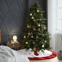 Selwo Kerstboomdeken, Kerstboomdeken, 90 Cm, Kerstboomdeken, Rond, Kunstbont Met Pailletten, Boomdeken, Kerstrok, Onderkleed, Kerstdecoratie, Voor Binnen, Wit/Rood Cheap