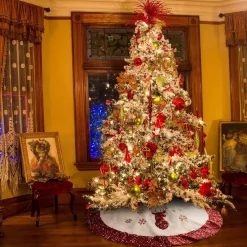 Selwo Kerstboomdeken, Kerstboomdeken, 90 Cm, Kerstboomdeken, Rond, Kunstbont Met Pailletten, Boomdeken, Kerstrok, Onderkleed, Kerstdecoratie, Voor Binnen, Wit/Rood Cheap