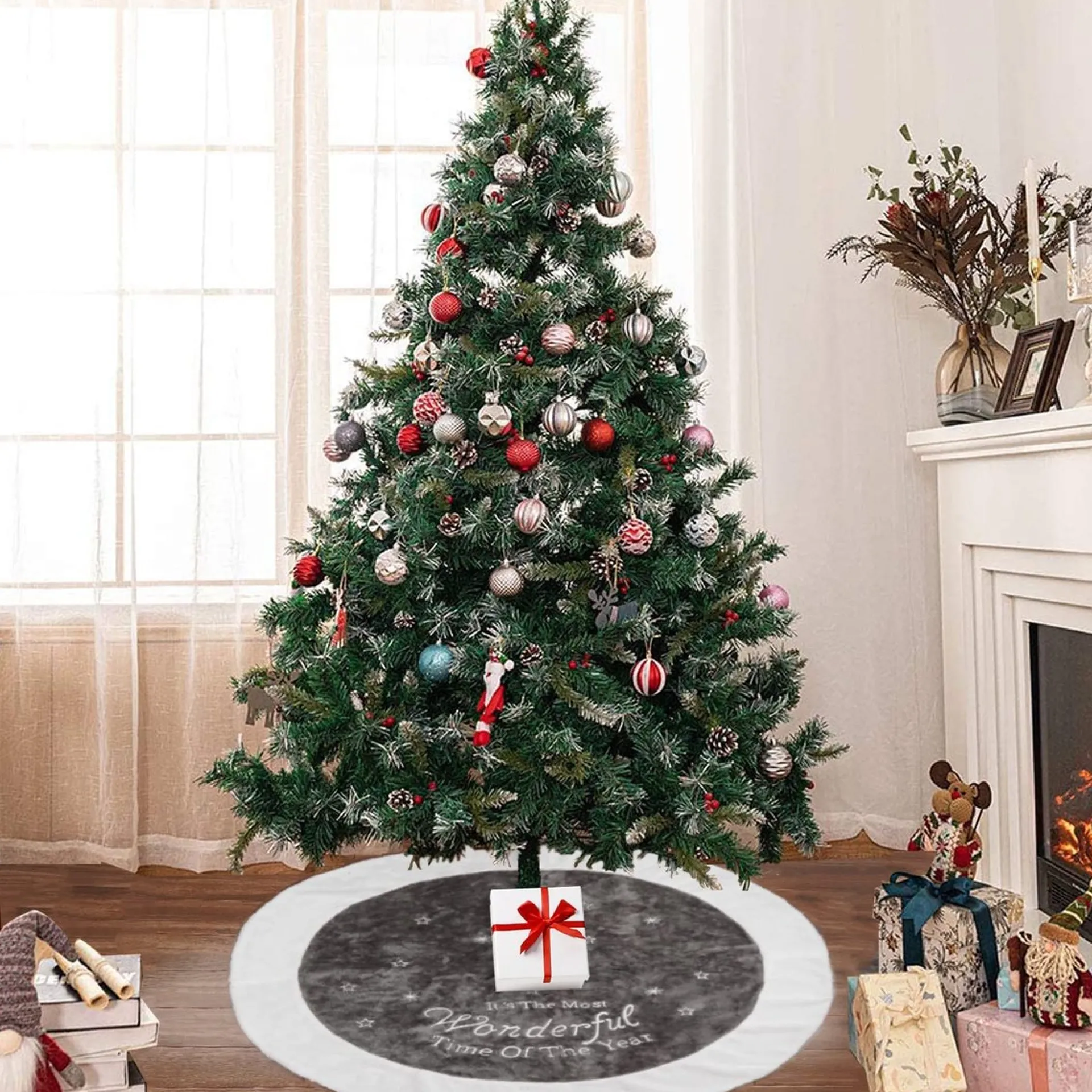 Selwo Kerstboomrok, Grote Luxe Nepbont, Wit-Grijs-Boom-Rok Met Sneeuwvlokken, Dubbele Lagen, Zachte Boomrok Voor Kerstfeestdecoraties, 120 Cm Shop