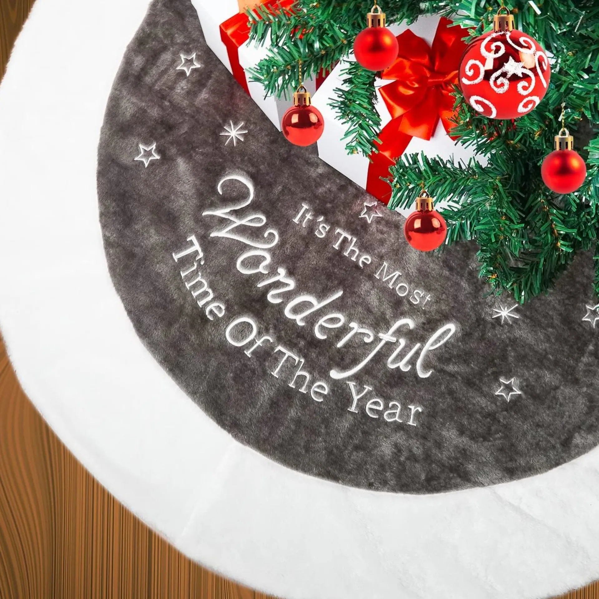 Selwo Kerstboomrok, Grote Luxe Nepbont, Wit-Grijs-Boom-Rok Met Sneeuwvlokken, Dubbele Lagen, Zachte Boomrok Voor Kerstfeestdecoraties, 120 Cm Shop