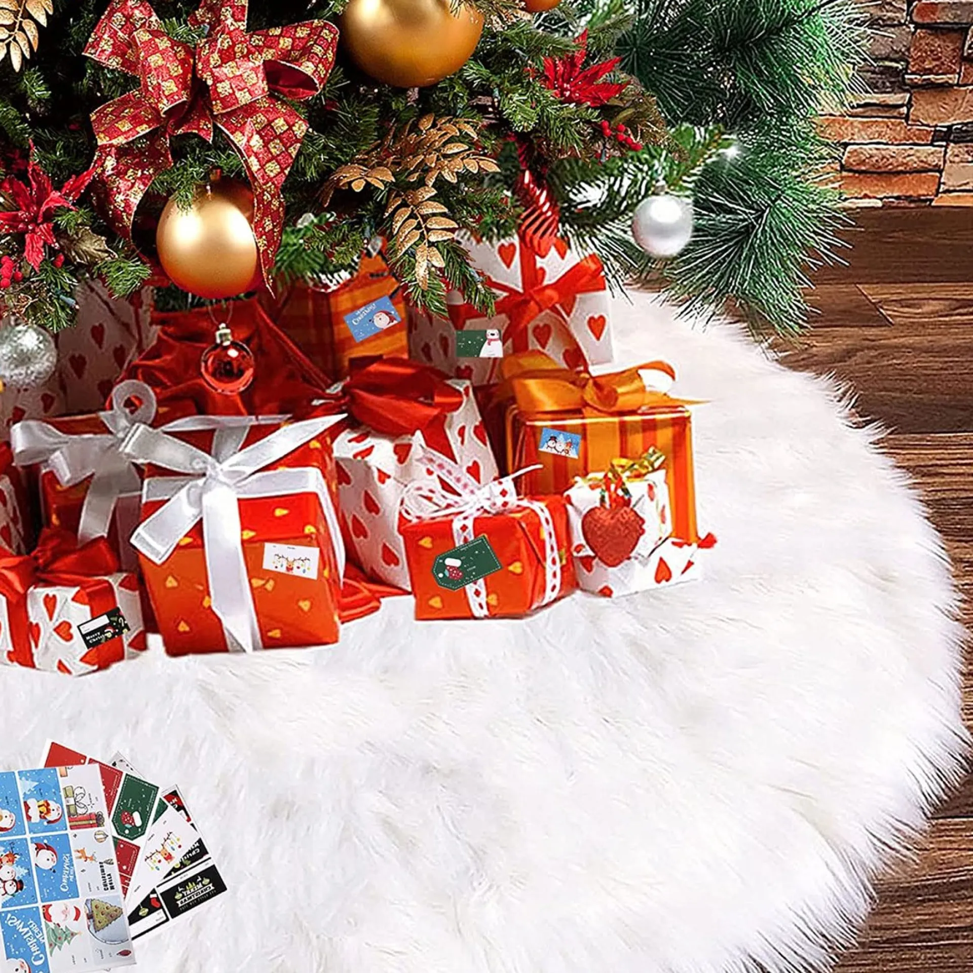 Selwo Kerstboomrok, Witte Boomrok Met 36 Stuks Geschenkstickers, Wit, Boomdeken, Kerstboomdeken, Kerstboomstandaard, Tapijt, Deken, Kerstdecoratie, Kerstboom, Rok (Wit, 90 Cm) New