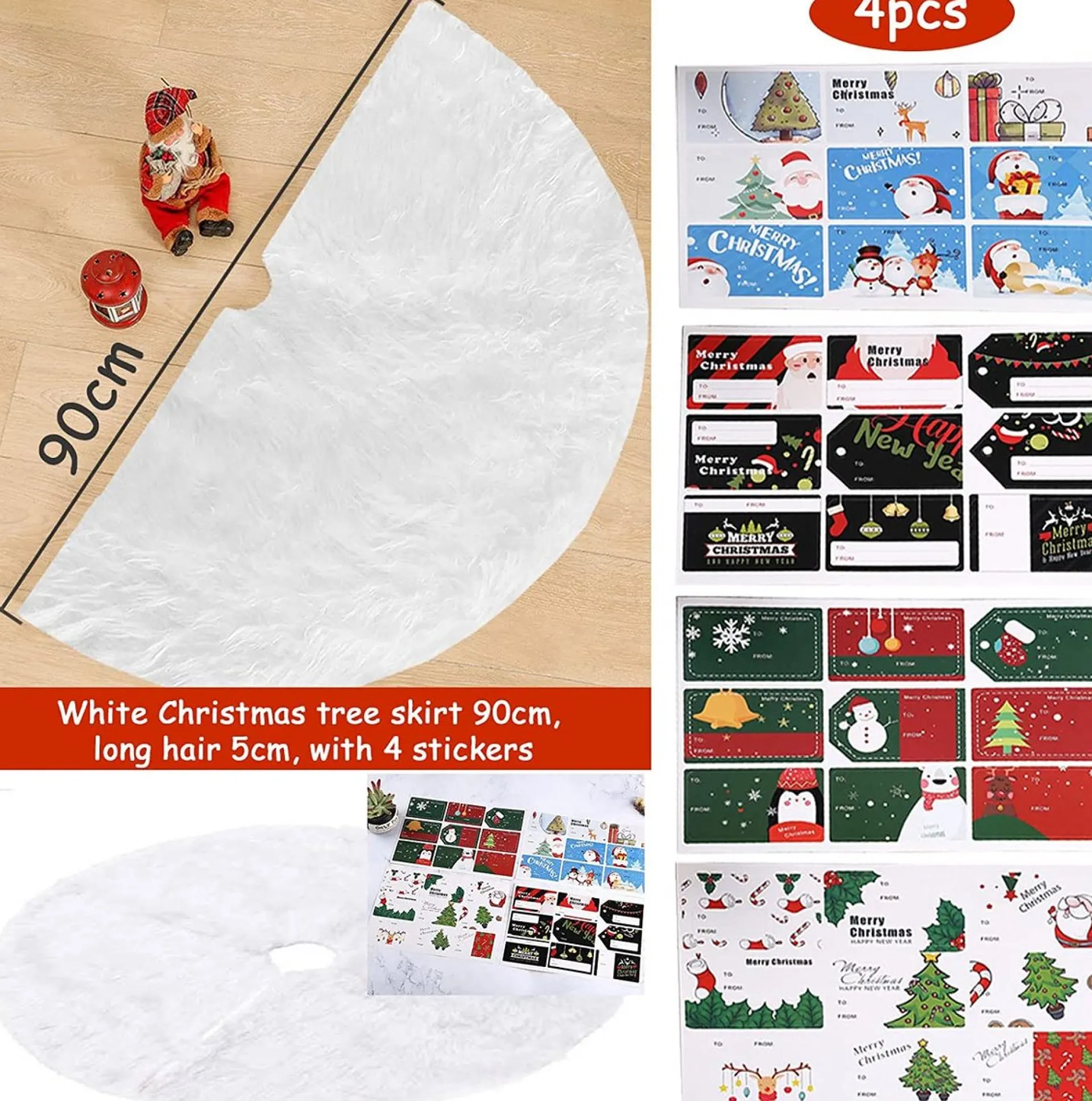 Selwo Kerstboomrok, Witte Boomrok Met 36 Stuks Geschenkstickers, Wit, Boomdeken, Kerstboomdeken, Kerstboomstandaard, Tapijt, Deken, Kerstdecoratie, Kerstboom, Rok (Wit, 90 Cm) New