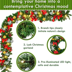 Merkloos Kerstguirlande Met Ledverlichting 5 M Groene Dennenguirlande Met Lampjes, Dennenappels, Kerstballen & Besjes - Binnen Kerst Bruiloft Feest Decoratie - Haardmantel & Trappengat Outlet