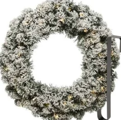 Merkloos Kerstkransen>Kerstkrans 60 Cm - Groen Met Led - Besneeuwd - Met Hanger/Ophanghaak
