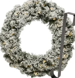 Merkloos Kerstkransen>Kerstkrans 50 Cm - Groen Met Led - Besneeuwd - Met Hanger/Ophanghaak