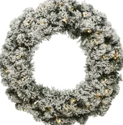 Merkloos Kerstkransen>Kerstkrans 50 Cm - Groen Met Led - Besneeuwd - Met Hanger/Ophanghaak