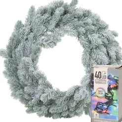 Merkloos Kerstkransen>Kerstkrans - Groen Met Sneeuw - D46 Cm - Incl. Verlichting Gekleurd