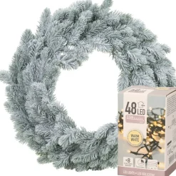 Merkloos Kerstkransen>Kerstkrans - Groen Met Sneeuw - D46 Cm - Incl. Verlichting Warm Wit