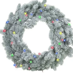 Merkloos Kerstkransen>Kerstkrans - Groen Met Sneeuw - D36 Cm - Incl. Verlichting Gekleurd