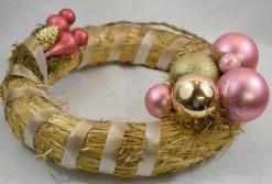 ZoeZo Design Kerstkransen>Kerstkrans - Hangkrans - Roze - Goud - Stro - Kunststof - Hangend - O 30 Cm