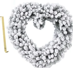 Merkloos Kerstkransen>Kerstkrans - Hart Vorm - Sneeuw - 50 Cm- Kunststof - Incl. Deurhanger