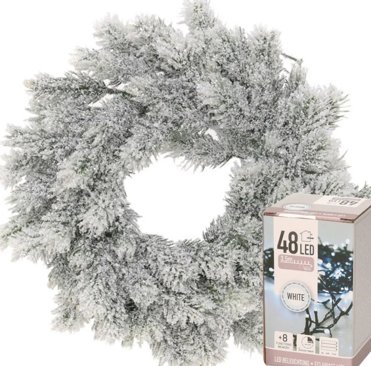 Decoris Kerstkransen>Kerstkrans - Met Sneeuw - D35 Cm - Incl. Verlichting Helder Wit