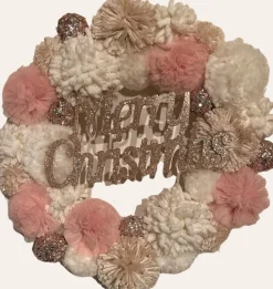 Merkloos Kerstkransen>Kerstkrans | Roze | Beige | Glitter | Stof | O40Cm | Merry Christmas | Deurkrans