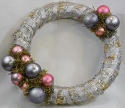 ZoeZo Design Kerstkransen>Kerstkrans - Roze - Zilver - Stro - Kunststof - O 40 Cm