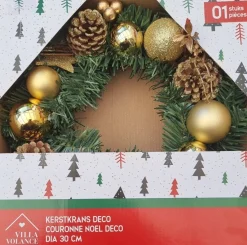 Villa Volance Kerstkransen></noscript>Kerstkrans - Wanddecoratie/Accessoires - Wanddecoratie - Dennenappel/Goud - O30Cm