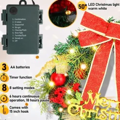 Merkloos Kerstkransen>Kerstkrans 45Cm 50 Led Verlichting - Kerstballen Met Rood En Bruinelint Kerstdecoratie Kerstmis Kunststof