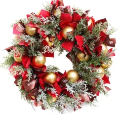 VentilatorBest Kerstkransen>Kerstkrans 45Cm - Verguldekleur Kerstballen Met Oudrood En Bruinelint - Kerstdecoratie - Kerstmis - Kunststof