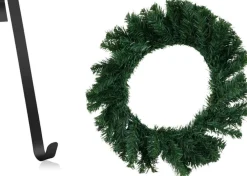 Merkloos Kerstkransen>Kerstkrans Met Hanger - Groen / Zwart - Pvc / Metaal - 75 X 35 Cm - 95 Tips - Deurhanger - Kerstmis - Versiering