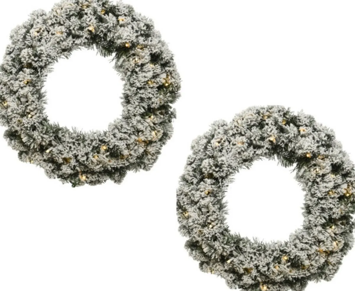 Decoris Kerstkransen>Kerstkrans/Dennenkrans Groen Met Sneeuw En Warm Witte Verlichting Met Timer 35 Cm - Verlichte Dennenkransen