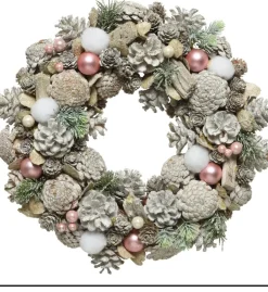 Decoris Kerstkransen>Kerstkrans/Dennenkrans White Wash Met Sneeuw En Versiering 34 Cm - Dennenkransen/Deurkransen Kerstversiering