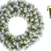 Mica Decorations Kerstkransen>Kerstkrans/Deurkrans Groen Met Verlichting 30 Lampjes En Sneeuw 60 Cm Met Gouden Hanger - Kerstversiering/Kerstdecoratie Kransen