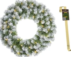 Mica Decorations Kerstkransen>Kerstkrans/Deurkrans Groen Met Verlichting 30 Lampjes En Sneeuw 60 Cm Met Gouden Hanger - Kerstversiering/Kerstdecoratie Kransen