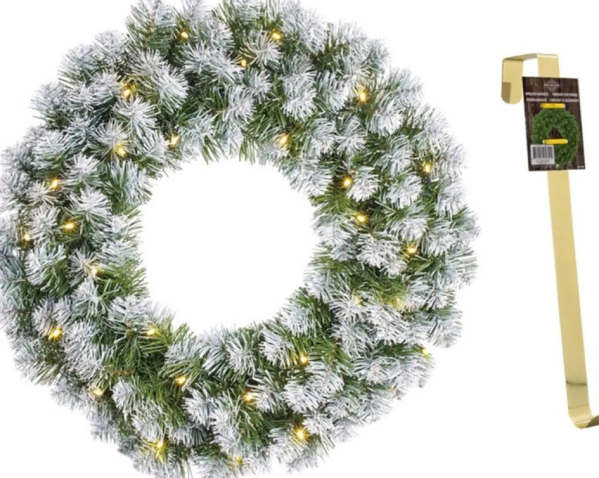 Mica Decorations Kerstkransen>Kerstkrans/Deurkrans Groen Met Verlichting 30 Lampjes En Sneeuw 60 Cm Met Gouden Hanger - Kerstversiering/Kerstdecoratie Kransen