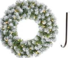 Mica Decorations Kerstkransen>Kerstkrans/Deurkrans Groen Verlichting 30 Lampjes En Sneeuw 60 Cm Met Ijzeren Hanger - Kerstversiering/Kerstdecoratie Kransen