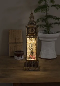 Konst Smide Kerstlantaarn Voor Binnen – Big Ben Met Bus En Kerstboom - Warm Wit – 38Cm - Sneeuwlantaarn - Kerstverlichting Op Usb & Batterijen Incl. Timer New
